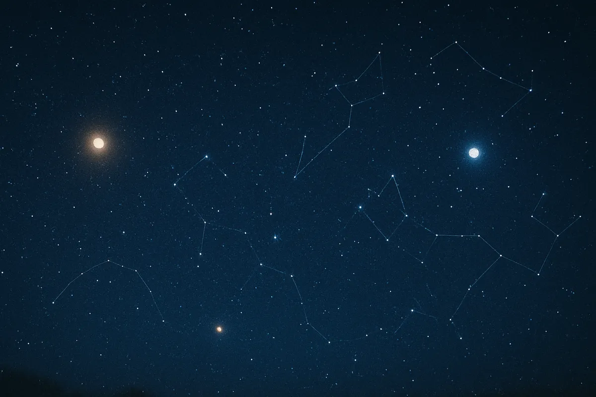 Céu noturno com estrelas e planetas visíveis.